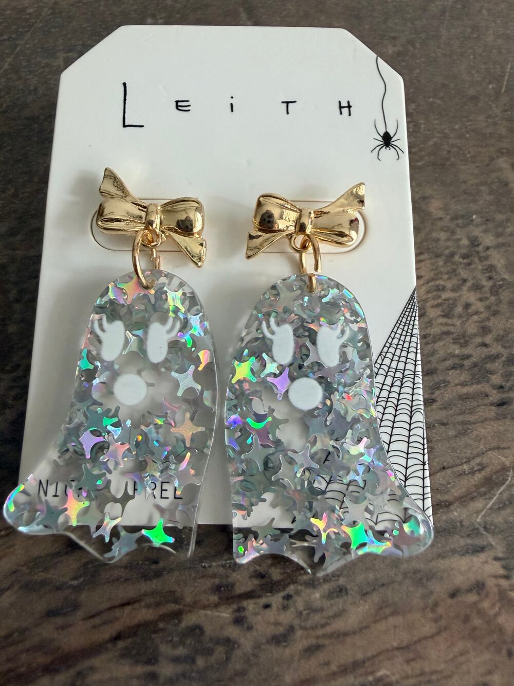 New Leith Clear Glitter Ghost Gold Tone Bow Halloween Dangle Earrings NWT